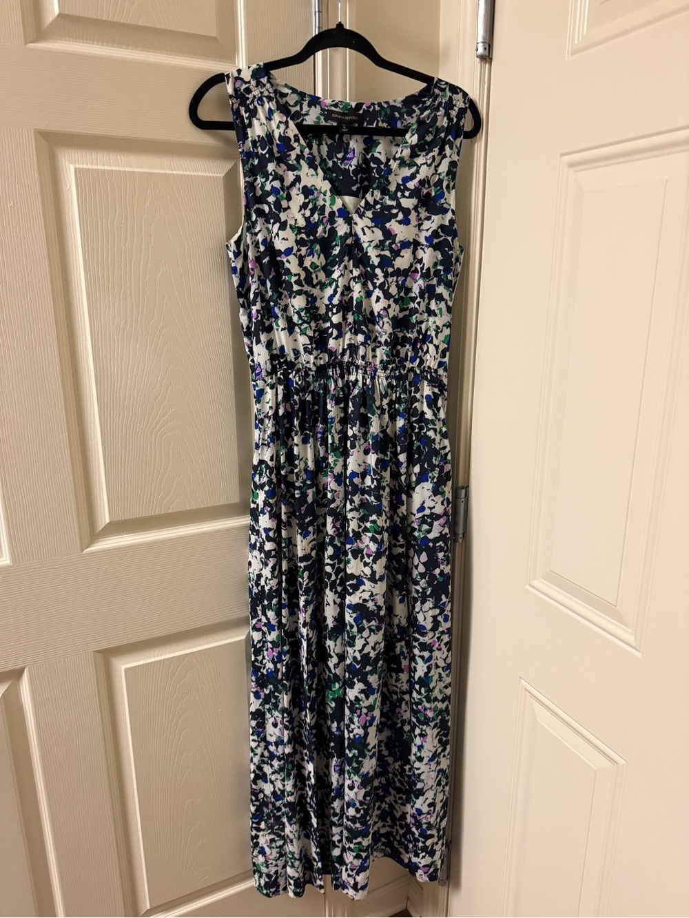 Banana Republic White Floral Midi Dress with Navy & Green Accents
